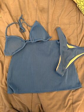 Blue Ribbed Bikini Set with skirt